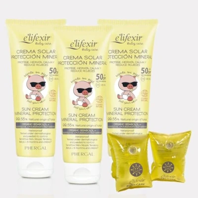 Imagen de Elifexir Baby Care Crema Solar Mineral Niños y Bebés Protector UVA, UVB e IR A SPF 50+ Filtros 100% Minerales 99% Ingredientes Naturales Resistente al Agua Pack de 3 + Manguitos