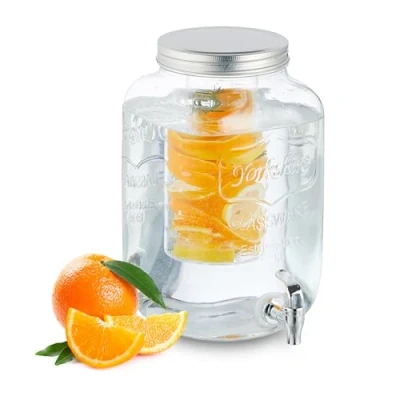 Imagen de Relaxdays Dispensador de Bebidas con Soporte, Grifo y Tapa, 8 L, Cristal, Surtidor Limonada Agua, Transparente, Hierro, 31 x 20 25 cm