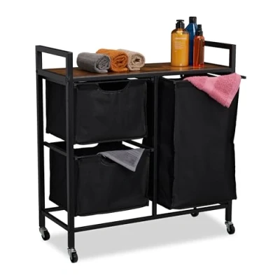 Imagen de Relaxdays Mueble para Ropa Sucia, 3 Cestos Extraíbles, Estantería Colada con Ruedas, Diseño Industrial, Negro y Marrón, Hierro, 78 x 72.5 30.5 cm