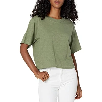 Imagen de The Drop Sydney Camiseta de manga corta con cuello redondo y bajo corto para Mujer, Verde oliva, XXL