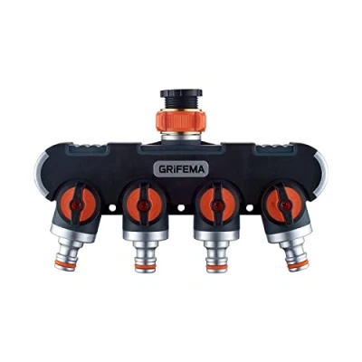 Imagen de GRIFEMA, gE1401 4 Distribuidor de vías, Desviador Grifo 3/4 y 1/2, con Adaptador para Ajuste Caudal, Riego Conectores manguerat, Naranja negro, vías