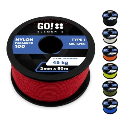 Imagen de GO!elements 50m Cuerda Paracord 2mm de Nylon A Prueba desgarros Supervivencia 100 Tipo I y con Capacidad Carga hasta 45kg, Coleur: Rojo