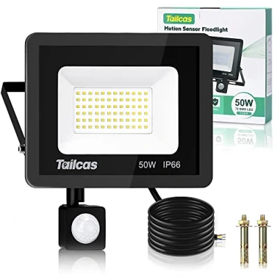 Imagen de Tailcas 50W Focos Led Exterior con Sensor Movimiento, 6500K 4500LM Super Brillante Foco Exterior, IP66 Impermeable Proyector, Iluminación de Seguridad para Jardín, Patio