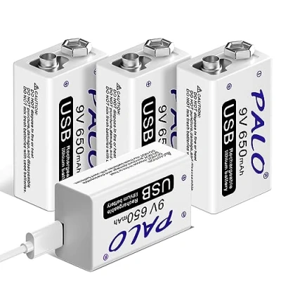 Imagen de Palo 4 Pack 9V Batería Recargable USB 650mAh Li Ion con 2 en 1 Cable para Alarma de Humo micrófono Teclado