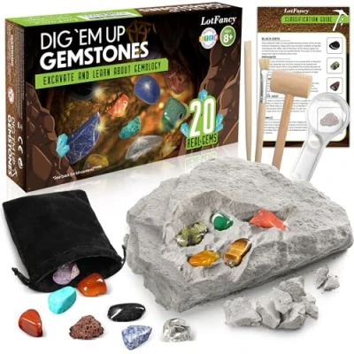 Imagen de LotFancy Kit de Excavación para Niños, 20 Piedras Preciosas Auténticas, Experimentación Niños a Partir 8, 9 y 10 Años, Regalo Niñas