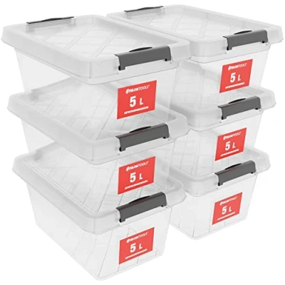 Imagen de ATHLON TOOLS 6 cajas de almacenamiento 5 L con tapa, aptas para alimentos, clips cierre, caja plástico 100% transparente, ropa apilables
