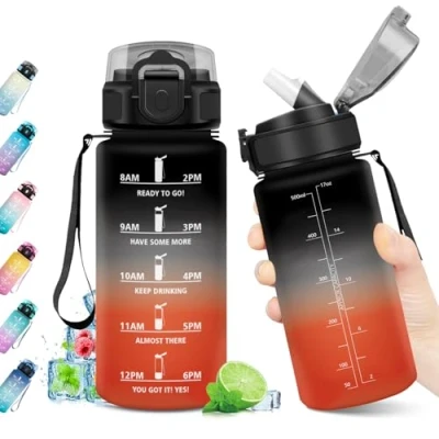 Imagen de Botella de Agua 500ml, con Pajita, Reutilizable, Gimnasio Marca Tiempo, sin BPA, Motivacional, para Deporte, Oficina, Escuela, Bicicleta, Running
