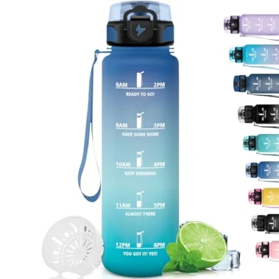 Imagen de Grsta Botella Agua, Agua Gimnasio con Filtro, 1 Litro, Fácil de Limpiar, Motivacional Marca Tiempo, para Senderismo, Yoga, Correr