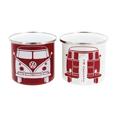 Imagen de BRISA VW Collection Volkswagen Juego de 2 tazas esmalte para café té o cappuccino camping T1 Bus (Blanco/Rojo)