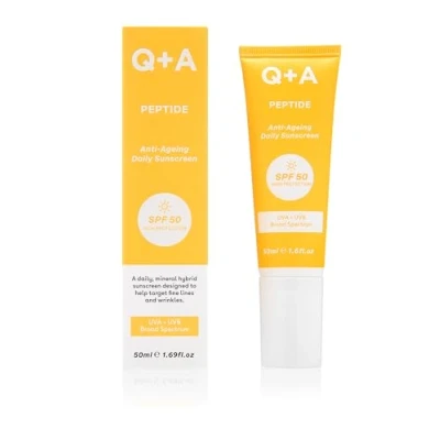 Imagen de Q+A Protector Solar Diario Antiedad con Péptidos SPF 50: Ligero, No Pegajoso, Amplio Espectro UVA/UVB, Estimula el Colágeno, Hidratante, Mejora la Luminosidad, 95% Natural, Vegano, Facial, 50ml