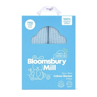 Imagen de Bloomsbury Mill Mantas Celulares Extrasuaves para Bebé 100% Algodón Orgánico Puro Azul Carrito, Capazo o Viajes Juego de 2