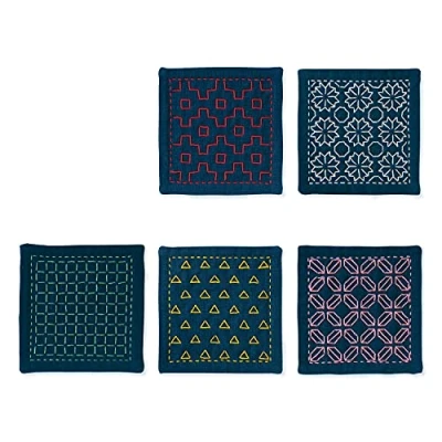 Imagen de olympus Thread Hitomezashi Sashiko Juego de posavasos para punto cruz (5 unidades), color azul marino