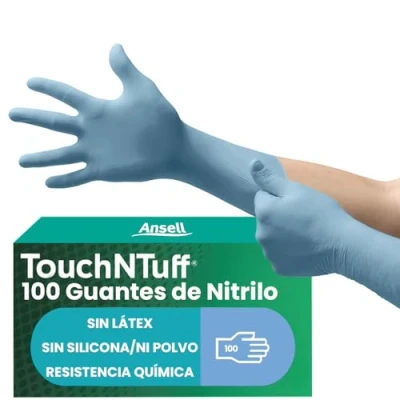Imagen de Ansell TouchNTuff 92 665 Guantes Desechables de Nitrilo, Sin Polvo, Alta Protección Química y Mecánica, Seguridad Alimentaria, Multiusos Profesionales, Azul, Talla L (100 Guantes)