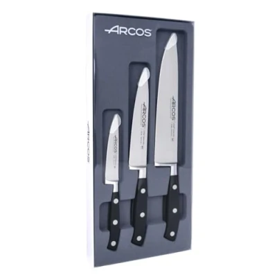 Imagen de Arcos Riviera Juego de Cuchillos Cocina (Mondador + 2 Cuchillo Chef) Acero Inoxidable Forjado NITRUM Mango POM Color Negro