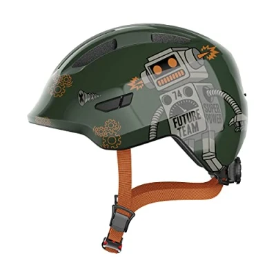 Imagen de ABUS casco infantil Smiley 3.0 de bicicleta con ajuste bajo, diseños adaptados a los niños y espacio para una coleta niñas verde dibujo robot, talla S