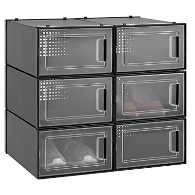 Imagen de Navaris Cajas para almacenaje apilables Set de 6x caja zapatos negra con tapa transparente Organizador plástico guardar ropa