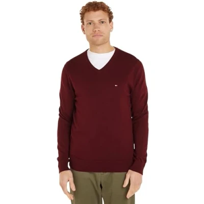 Imagen de Tommy Hilfiger Jersey Hombre Essential Cotton con Cuello de Pico, Rojo (Deep Rouge), S