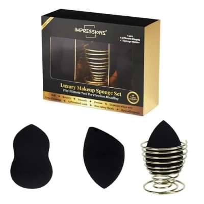 Imagen de ImpressionZ Top grade Makeup Sponge Set 3 Pcs Blending Sponges with 1 Holder Multi shape Cosmetic Applicator for Foundation, Liquid, Cream, and Powder Vegan &amp; Cruelty Free