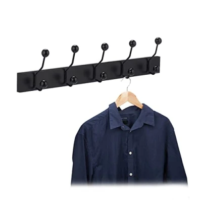 Imagen de Relaxdays Perchero Pared 5 Ganchos Dobles, Colgador Mural Pasillo, Recibidor. Salón, Hierro y MDF, 14 x 65 7 cm, Negro