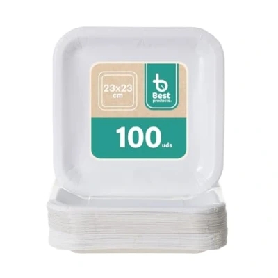 Imagen de BEST PRODUCTS 100 Platos Desechables Cartón Ecológicos Biodegradables Compostables y Reciclables Para Fiestas Cumpleaños Comuniones o Eventos Cuadrados Llanos 23x23cm