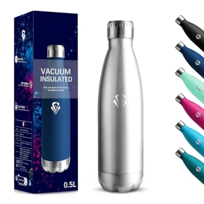 Imagen de Botella Agua Acero Inoxidable, 500 ml Libre de BPA, Termica, 18/8 Botellas Agua, Aislamiento al Vacío Boble Pared, Cantimplora para Cámping, Escuela Color verdadero