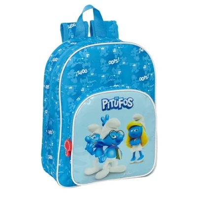 Imagen de LOS PITUFOS Mochila Escolar Infantil Animada, Niño, Infantil, Adaptable a Carro, Ideal para Niños en Edad Escolar, Versátil, Calidad y Resistencia, 26x11x34 cm, Color Celeste/Azul