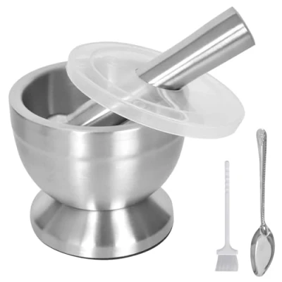 Imagen de KYSUN Mortero de Acero Inoxidable, Juegos y Mano, Inoxidable Cocina, Trituradora Tazón Hierbas, Especias con Tapa Plástico, Cepillo Cuchara