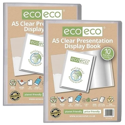 Imagen de eco carpeta de presentación transparente tamaño A5, 50% reciclado, 10 bolsillos, almacenamiento con fundas plástico, paquete 2, eco126 x 2