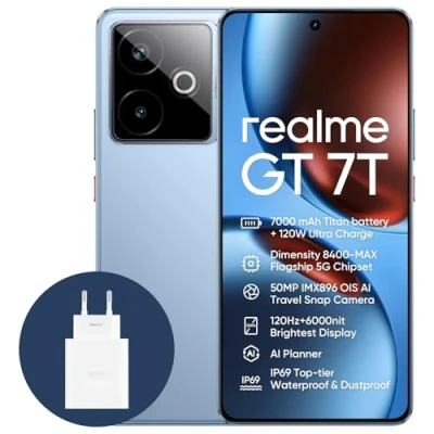 Imagen de realme GT 7T 5G Smartphone,12+512GB, Batería de 7000 mAh,Carga 120W,Procesador Dimensity 8400 MAX,IMX896 50MP Cámara,AI Planner,Pantalla Pro Esports 6000 nits120Hz,IP69,Azul,Exclusivo Amazon