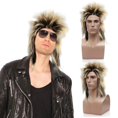 Imagen de SAIIURV Peluca Rubio Estilo Mullet estrella de rock Accesorios Disfraz Rockero Metal Pesado Años 80 Punk Cosplay Halloween Accesorio Carnaval Fiesta mal gusto (Rubio)