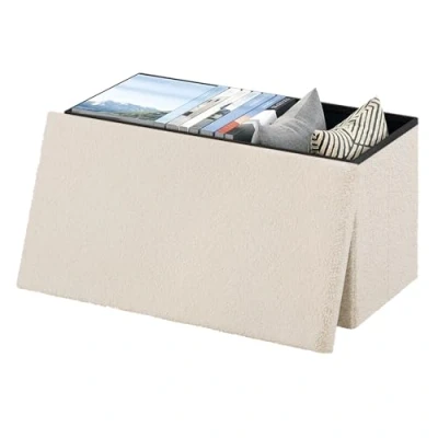 Imagen de eSituro Banco Almacenaje Rectangular 80 L, Taburete de Almacenje Plegable, Baul Puff con Tapa Asiento Extraible, Pie Cama, Otomono Largo para Salón y Dormitorio, Beige, 76x38x37 cm