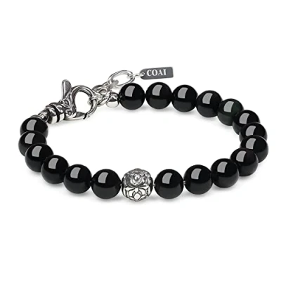 Imagen de COAI Pulsera Ajustable para Hombre de Obsidiana Negra Piedra Genuina con Dije Flor Lis en Acero Inoxidable