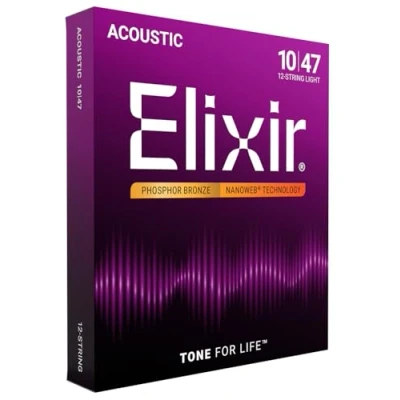 Imagen de Elixir cuerdas de guitarra acústica 12 Strings bronce fosforado con recubrimiento NANOWEB, calibre ligero, 1 Pack, String Light (10 47)