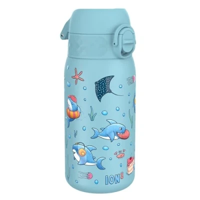 Imagen de Ion8 Botella Agua Acero Inoxidable para Niños, 400ml, a Prueba de Fugas, Fácil Abrir, Cerradura Segura, Apta Lavavajillas, Asa Transporte, Limpiar, Diseño Tiburones