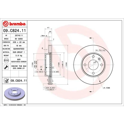 Imagen de BREMBO 09.C824.11 Disco de freno 236 20 4 ventilación interna revestido con tornillos