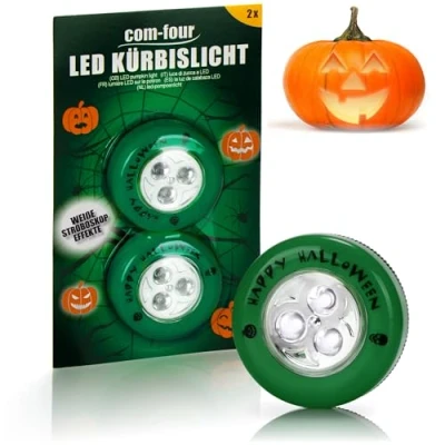 Imagen de COM FOUR® 2x Luces LED para Halloween intermitentes de calabaza calabazas ahuecadas y talladas Lámpara (Conjunto verde)