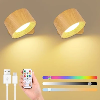 Imagen de GuKKK Luz de Pared Interior, 2 Pcs Lámpara LED RGB 16 Color, Apliques Interior Giratoria 360, 3 Niveles Brillo Táctil Lámparas Inalámbricas (Madera)