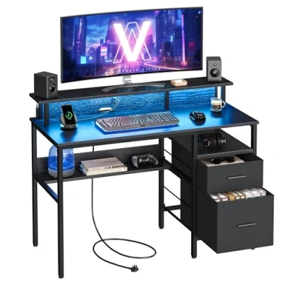 Imagen de VASAGLE Escritorio con Cajones de Tela, Luces LED y Tomas Corriente Incorporadas, Estante para Monitor, Esquinero, 2 Cajones, Puertos USB, Oficina Casa, Negro Ébano LWD093B01