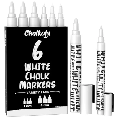 Imagen de Chalkola White Chalk Pens Dry Erase Liquid for Chalkboard, Blackboard, Window, Bistro, Car Glass, Board, Signs Variety Pack of 6 (3x) 1mm &amp; 6mm
