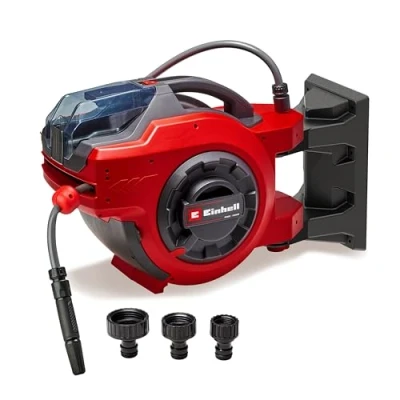 Imagen de Einhell Tambor de manguera con batería GE HR 18/30 Li Solo (18 V, enrollado automático manguera, pivotable hasta 180, soporte pared, y rociador jardín 30 m, sin batería)