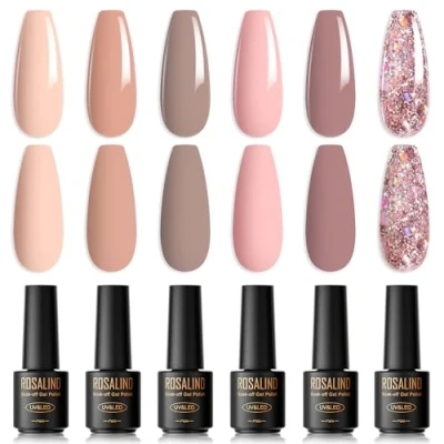 Imagen de ROSALIND Esmaltes Semipermanentes Para Uñas,6 Colores Mini Nude Rosa Desnudo Beige Albaricoque Marrón De Color Claro Soak Off UV LED Pintauñas Gel Glitter