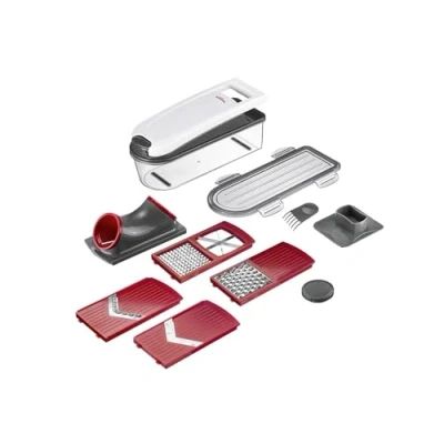 Imagen de Westmark Cortadora multiusos/de verduras/trituradora con tapa, Recipiente de recolección, 5 insertos corte, 12 piezas, Acero inoxidable/plástico, Dicer Star Plus, Blanco/transparente/rojo, 97112260