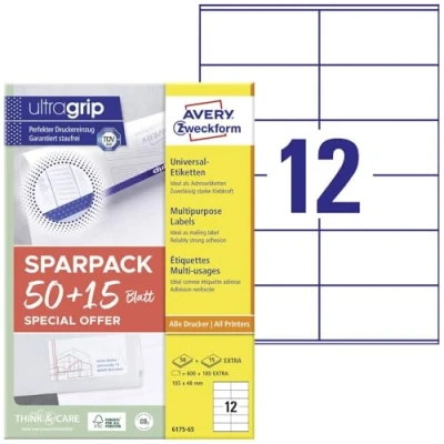 Imagen de AVERY Zweckform 6175 65 Pegatinas para direcciones (600 más 180 etiquetas adhesivas extra, 105 x 48 mm en A4, papel mate, imprimibles, de dirección autoadhesivas con ultraagarre),