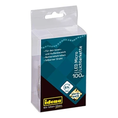 Imagen de Idena 31225 Microcadena de luces LED con 100 en blanco cálido, función temporizador 6 horas, funciona pilas, para fiestas, navidad, decoración, bodas, como luz ambiente