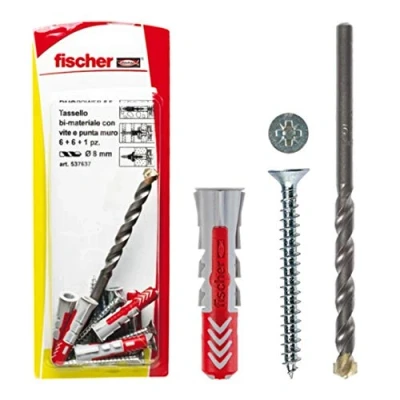 Imagen de fischer 537637 Taco con Tornillo y 1 Broca Duopower, Gris/Rojo, 8 x 40 mm, Set de 6 Piezas