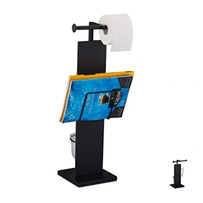 Imagen de Relaxdays Portarrollos y Escobillero Baño, Soporte Rollo WC, Escobilla Revistero, de Pie, Metal, 70x25,5x20 cm, Negro