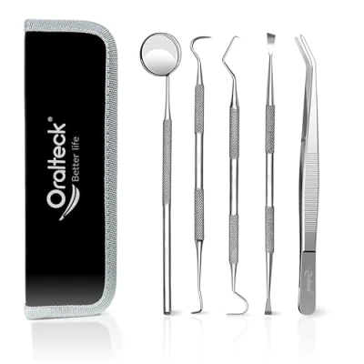Imagen de Kit de limpieza e higiene dental acero inoxidable alemán premium, limpiador placa, removedor sarro, 6 instrumentos cuidado bucal, con estuche, apto para Adultos niños y mascotas (Negro)