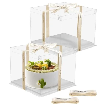 Imagen de Azyvum 2 piezas Caja de Tartas Transparente 6 Pulgadas Pastel con Tapas Doble Capa Postre Cinta (22 x 22 23.5 cm)