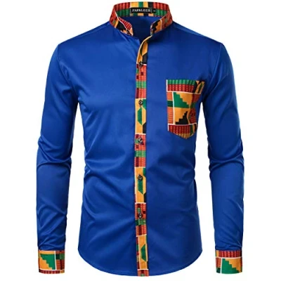 Imagen de PARKLEES Camisa de manga larga con cuello abuelo estampado tribal africano Dashiki para hombre, Pzzcl46 royal, M