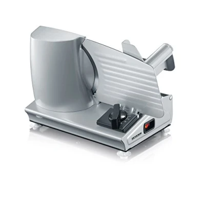 Imagen de SEVERIN Cortafiambres, loncheador con dos cuchillas de acero inoxidable extraíbles, cortafiambres eléctrico protector dedos y recogedor restos, 180 W, plateado, AS 3915